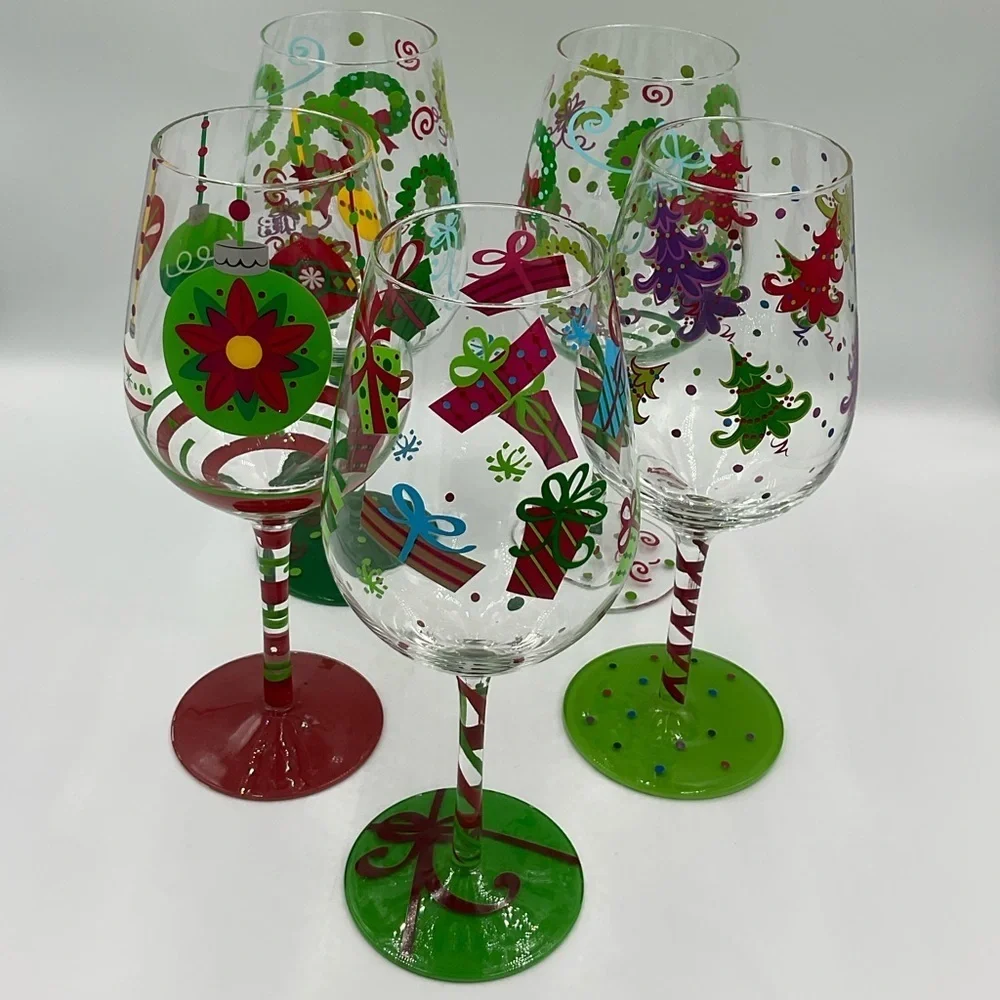 5 Raise The Bar Large 10” Hand Painted Wine Glasses with Christmas Designs